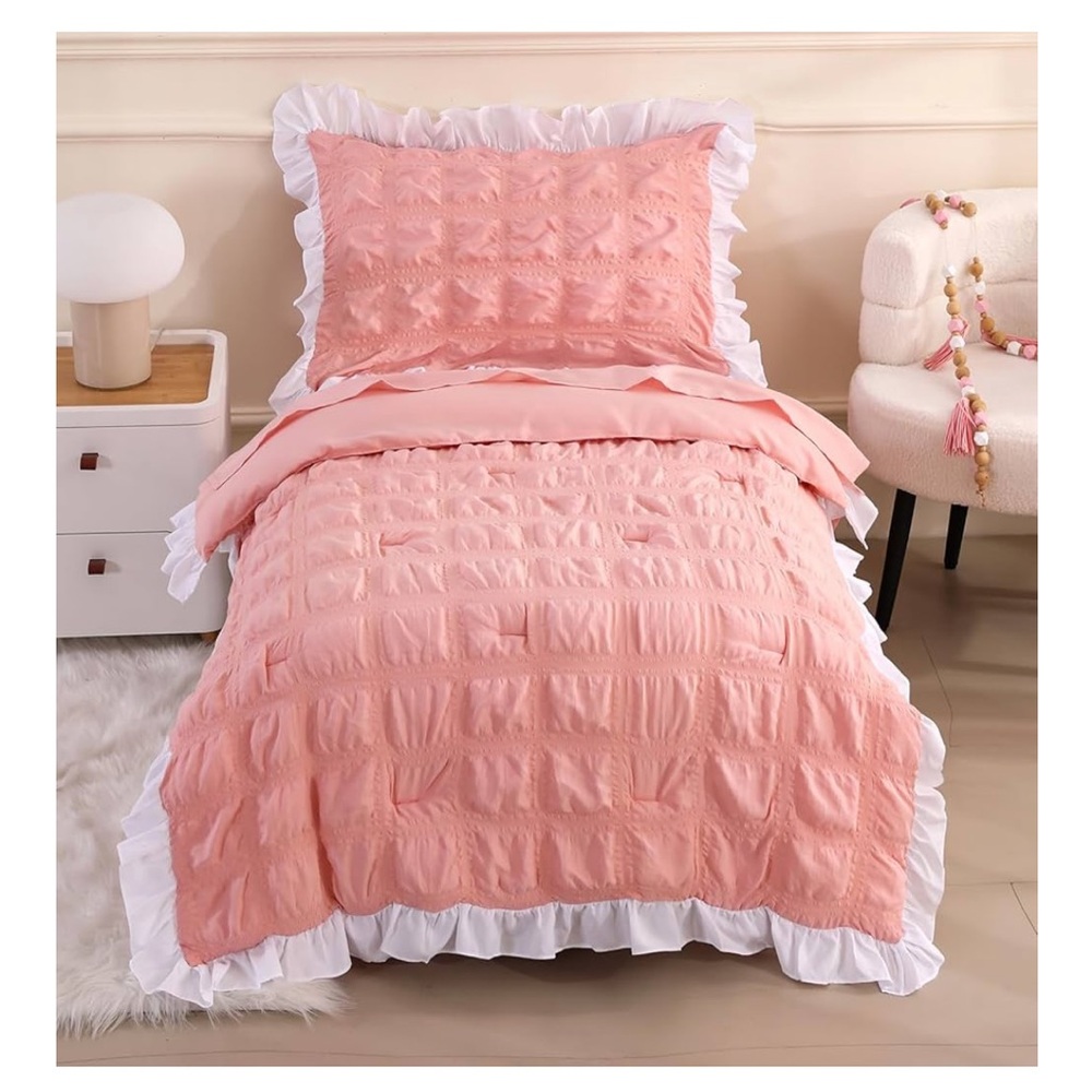 Toddler size Pink Ruffled Bedding Set - comforter, sheets & pillowcase